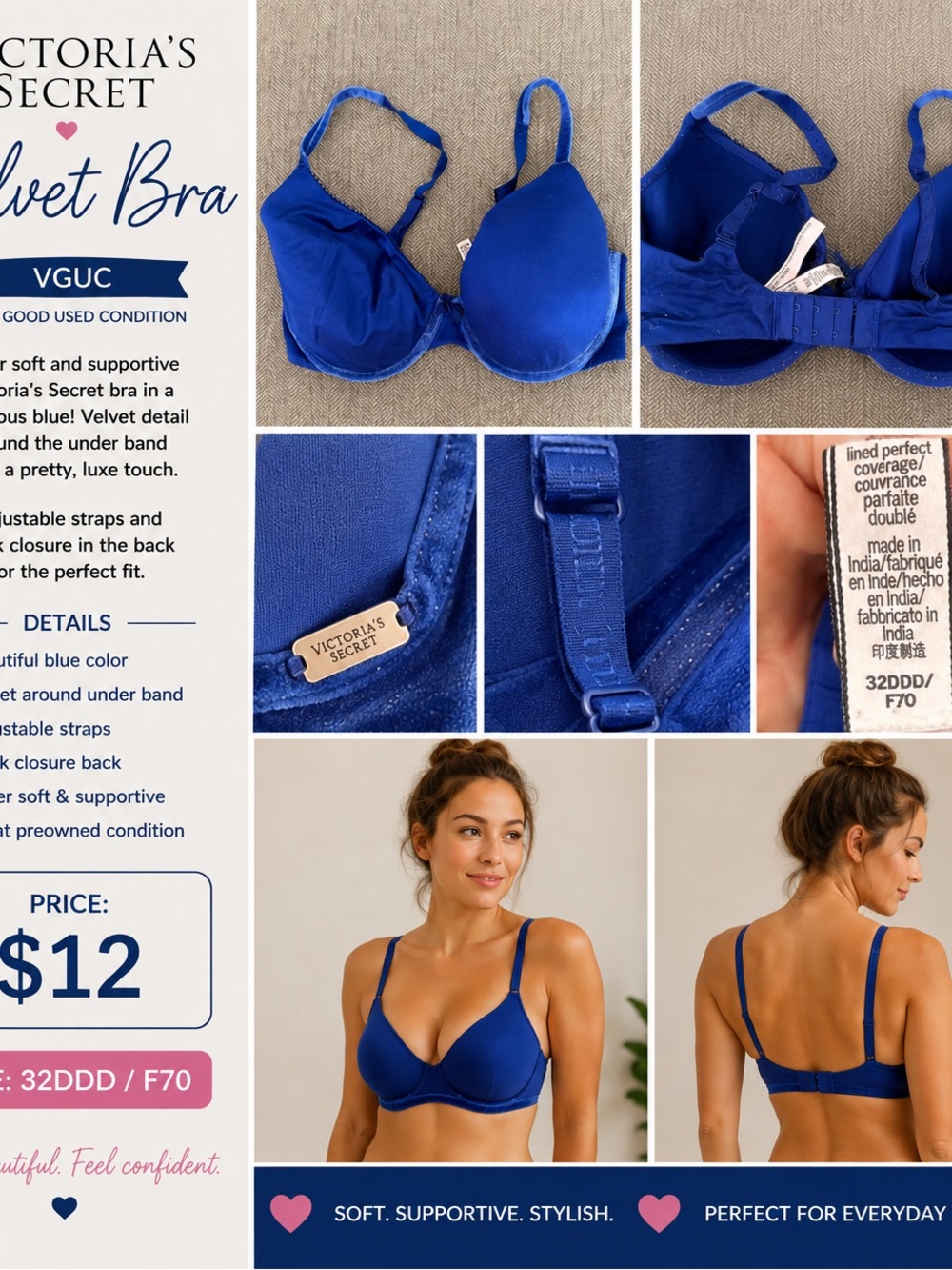 Victoria's Secret Royal Blue Velvet T-Shirt Bra